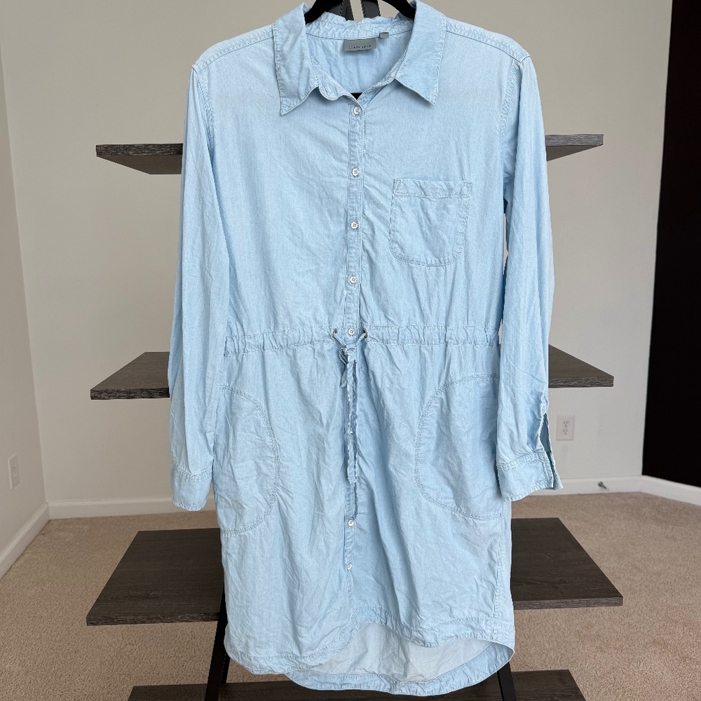 Athleta Stellar Shirt Dress Chambray Button Front Cinch Waist Size M Lyocell